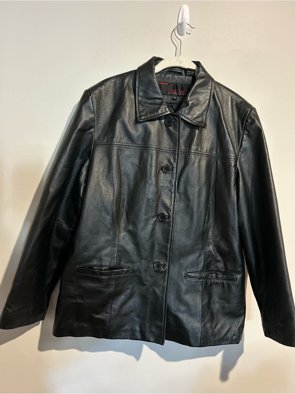 Vintage Phase Two Black Leather Button-Up Jacket